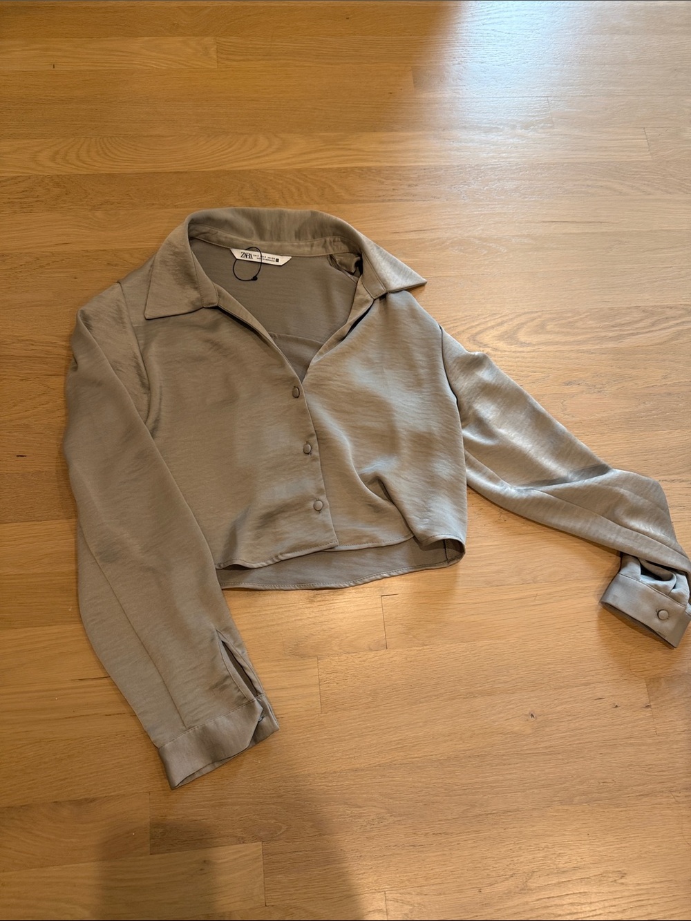 Zara Cropped Button-Front Long-Sleeve Blouse in Taupe Gray